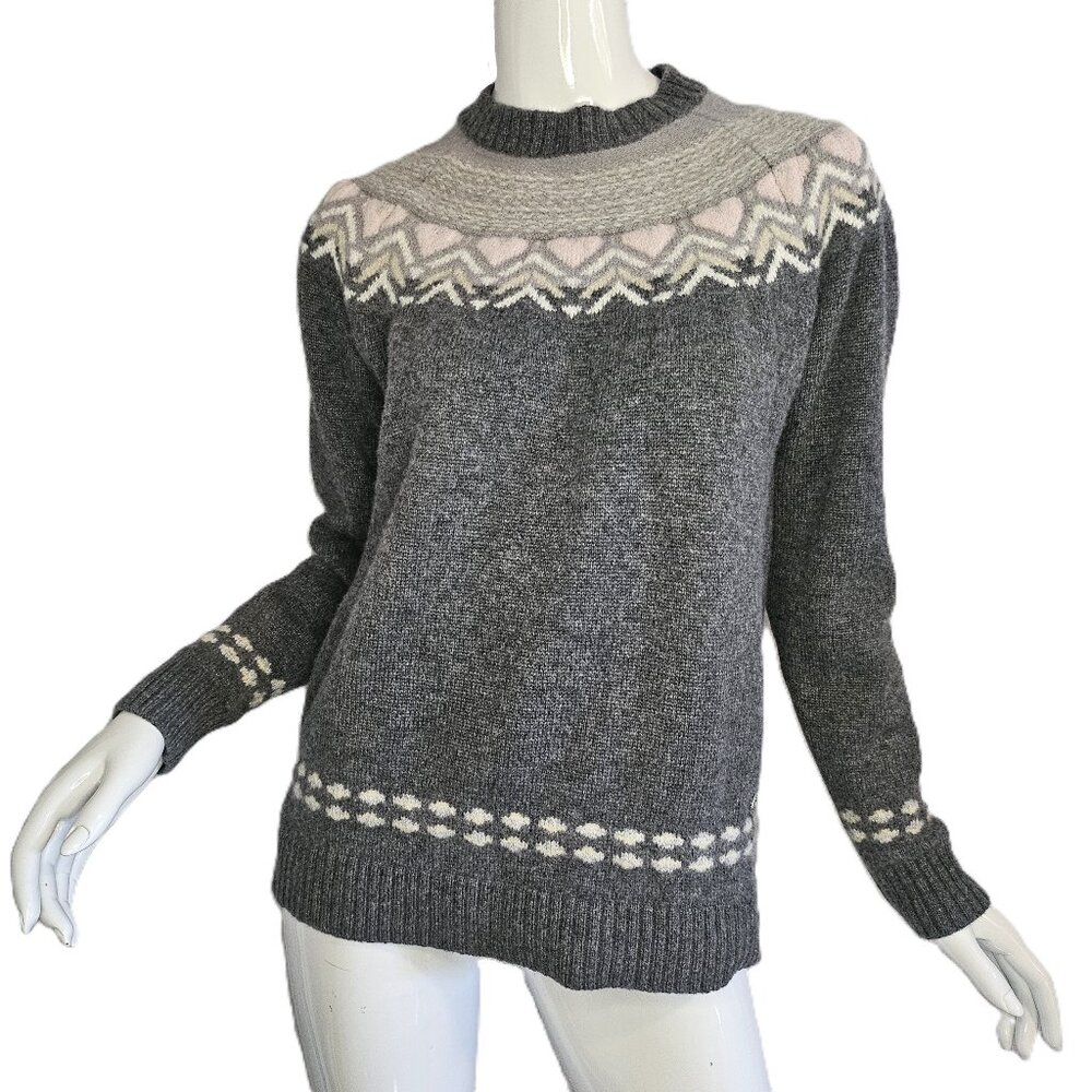 KARI TRAA Grey and Pink Sundve Wool Blend Knit Nordic Pattern Sweater Size Large